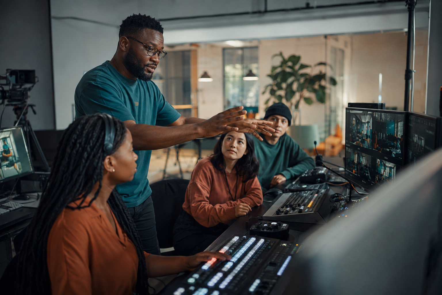 A media trainer coaching a team at a production switcher