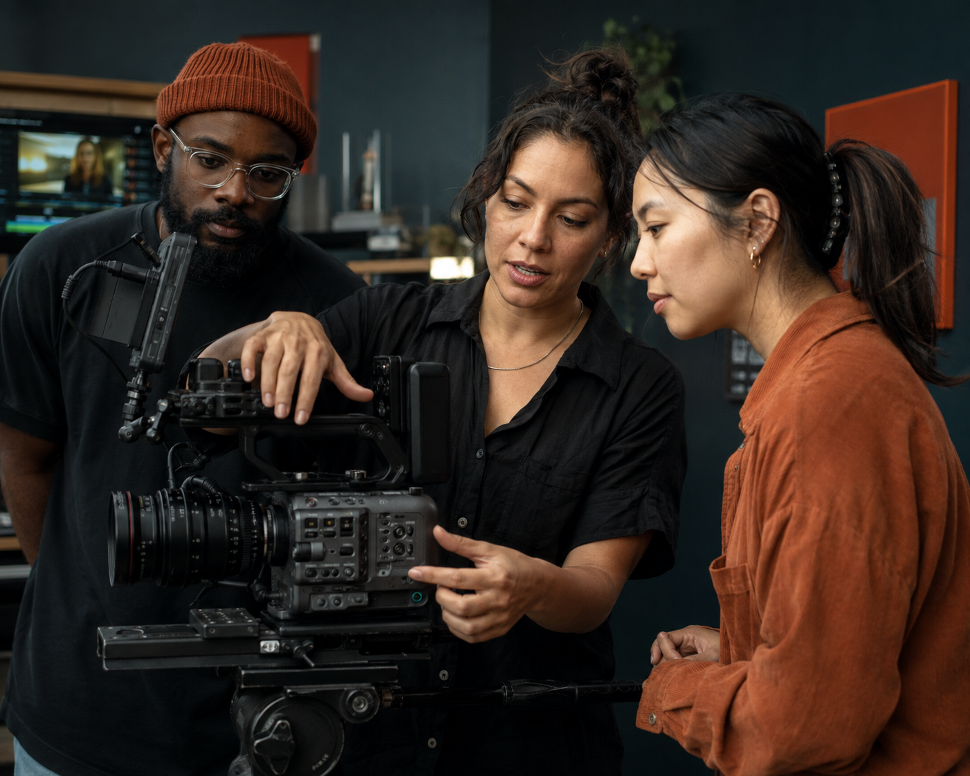 A media specialist providing hands-on instruction with a Sony FX6 cinema camera