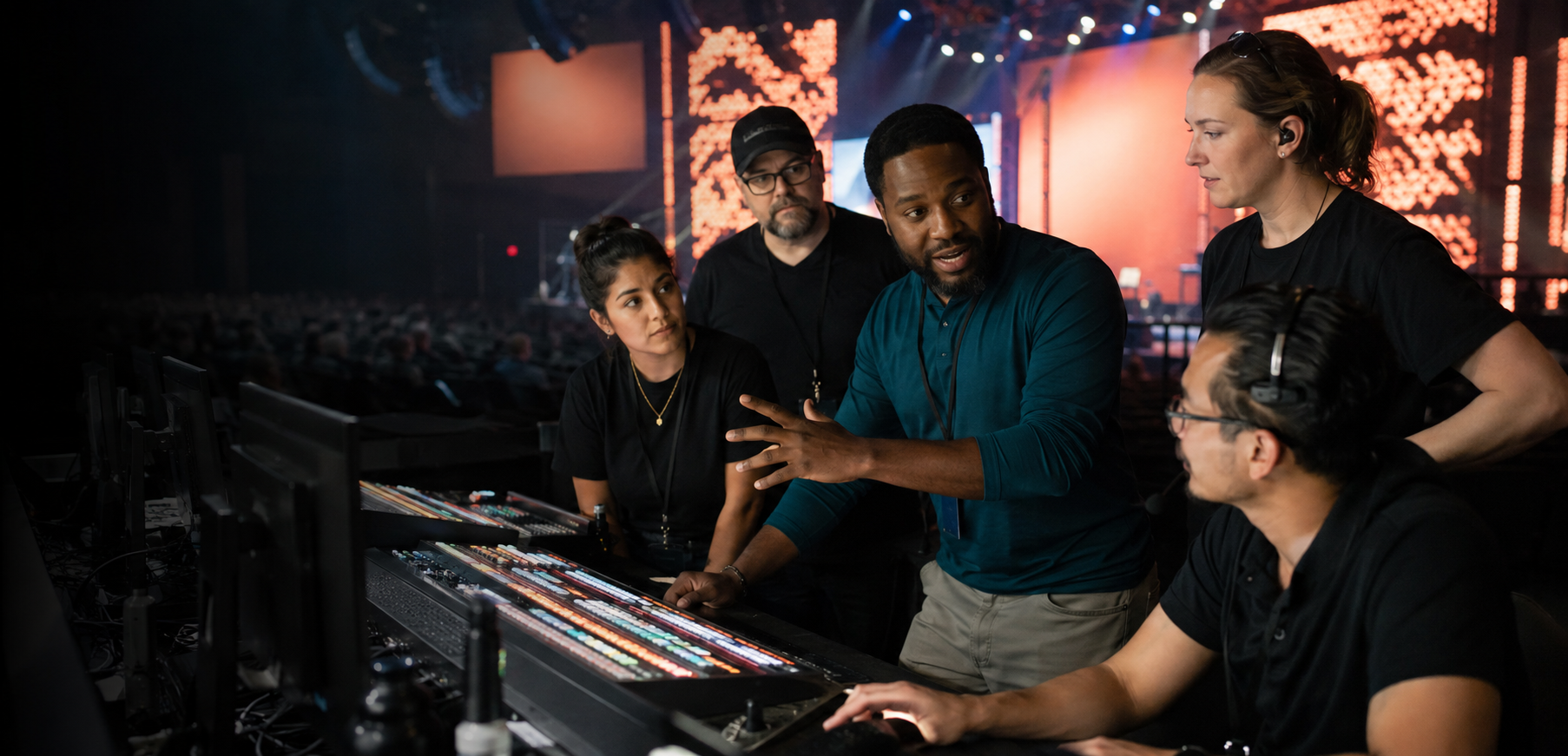 A NextWave employee coordinating volunteers and engineers at a live event