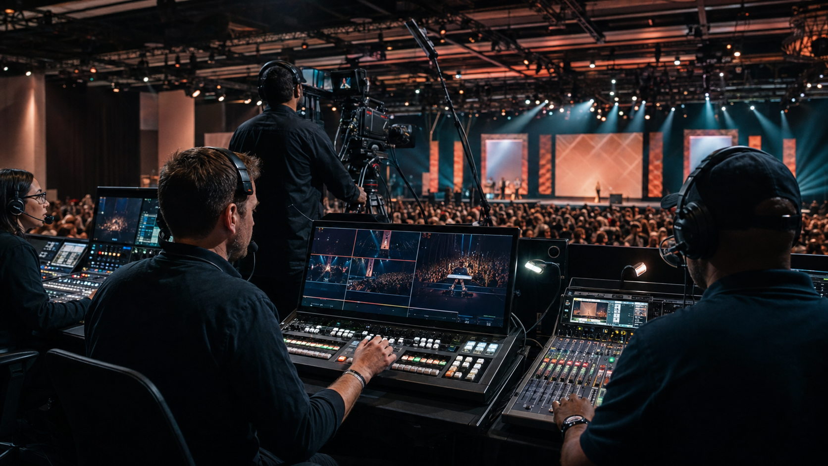 A production team working behind the scenes at a large live event